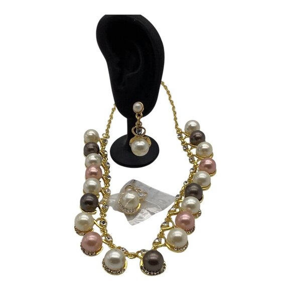 Costume Jewelry Necklace & Drop Earrings Set With Multicolor Faux Pearl Accents - Picture 9 of 14